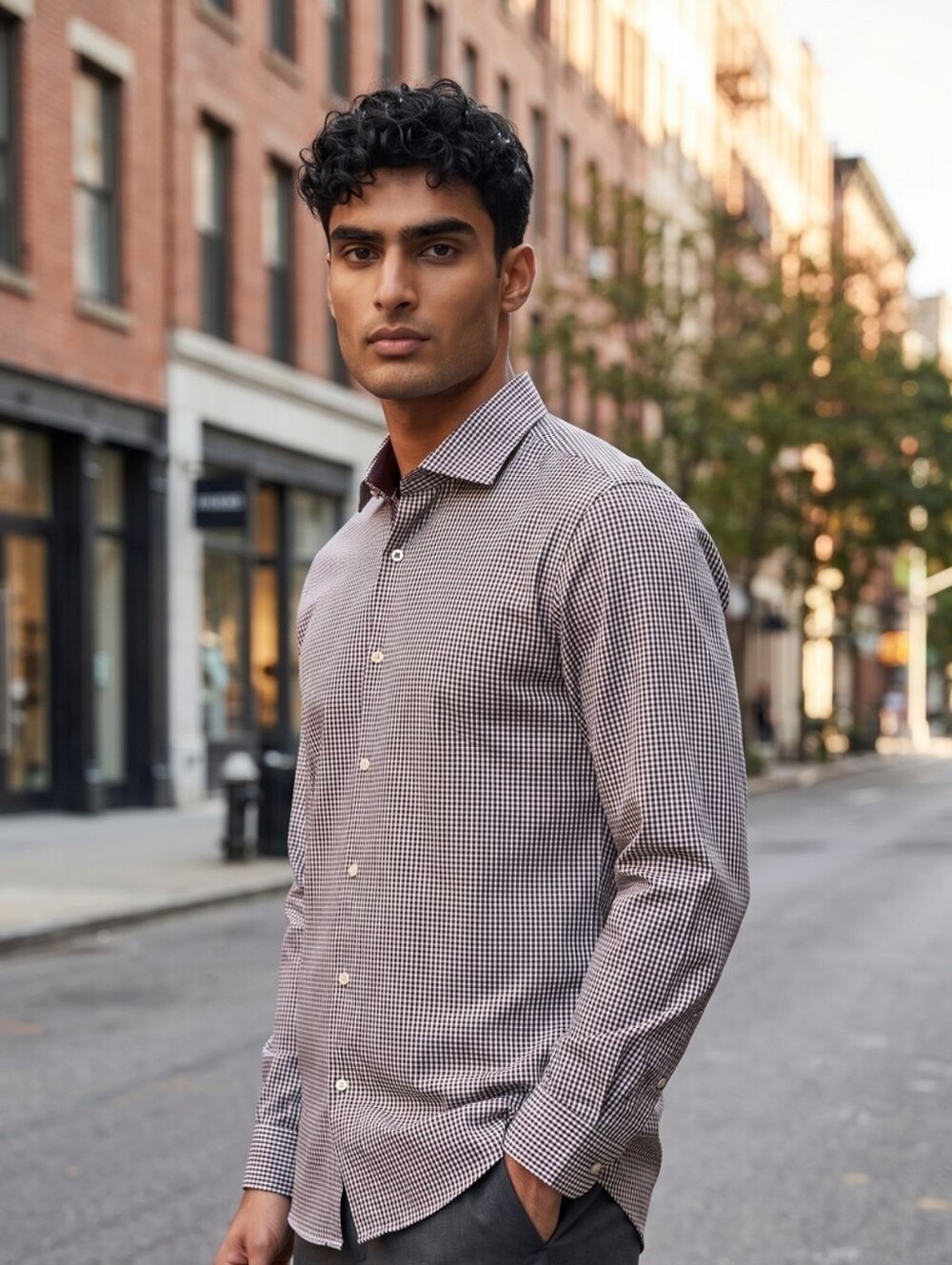 Ben Sherman Men's Burgundy and White Micro-Check Dress Shirt 1059